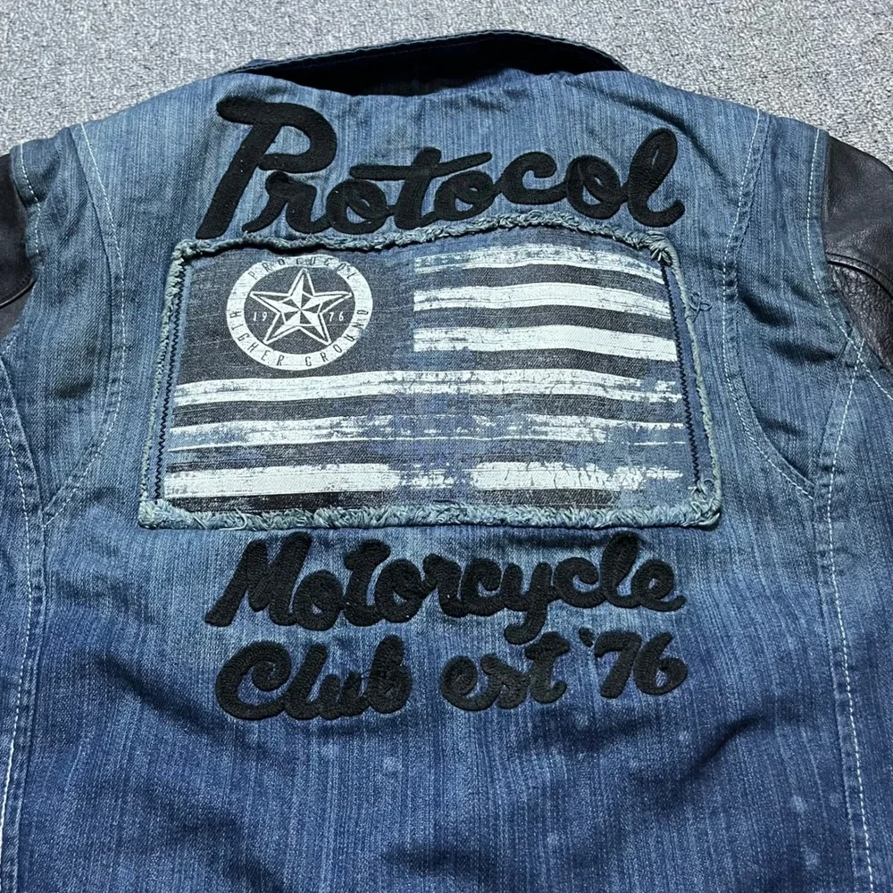 Protocol Motorcycle Jacket XL Blue Denim Black Leather Parish Nation Moto Biker‎